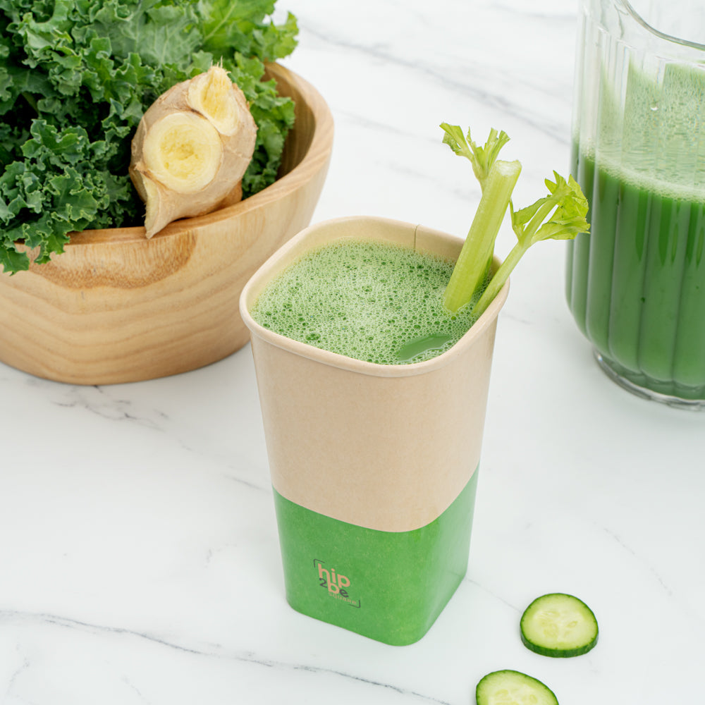 Hip 2 Be Square 16 oz Kraft and Green Paper Hot / Cold Drinking Cup - Single Wall - 3 1/4" x 3 1/4" x 5 1/2" - 500 count box