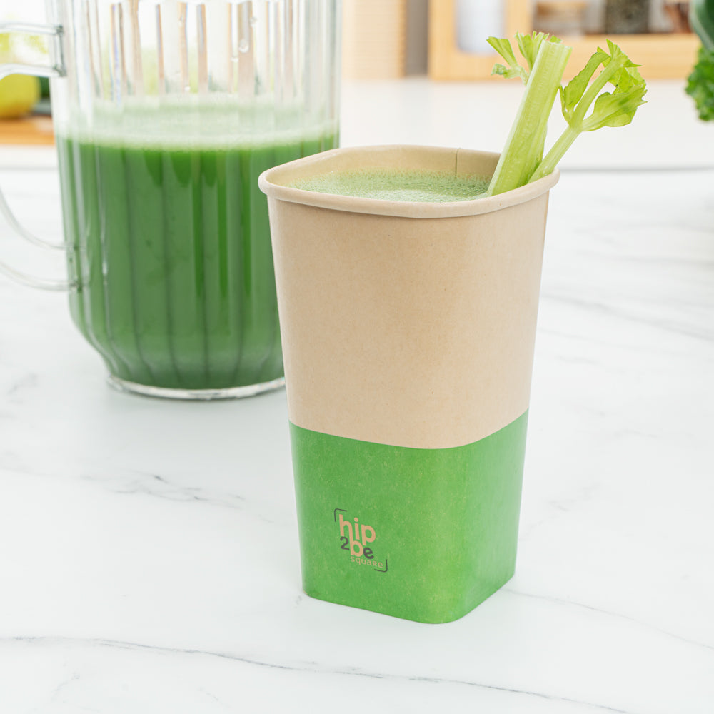 Hip 2 Be Square 16 oz Kraft and Green Paper Hot / Cold Drinking Cup - Single Wall - 3 1/4" x 3 1/4" x 5 1/2" - 500 count box