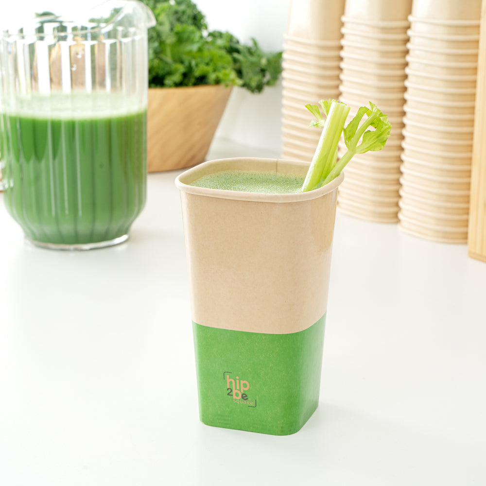 Hip 2 Be Square 16 oz Kraft and Green Paper Hot / Cold Drinking Cup - Single Wall - 3 1/4" x 3 1/4" x 5 1/2" - 500 count box