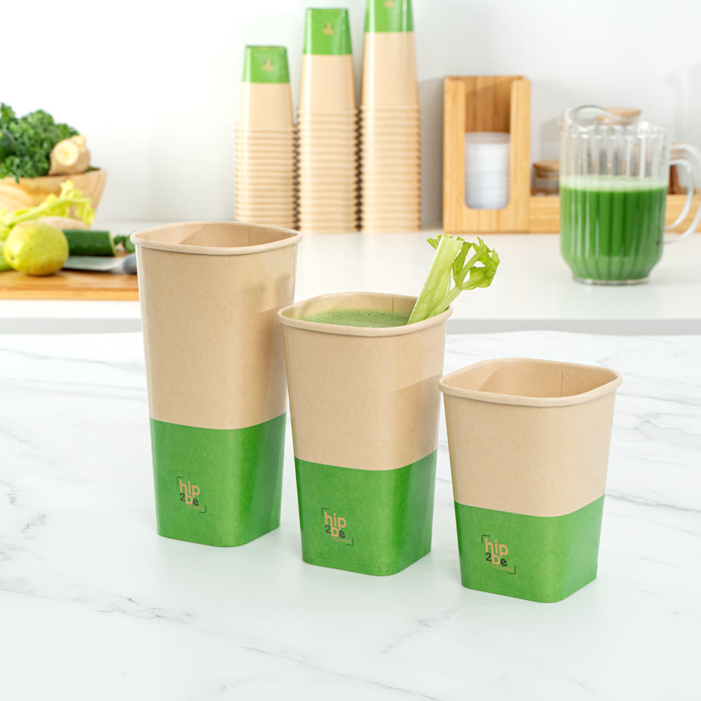 Hip 2 Be Square 16 oz Kraft and Green Paper Hot / Cold Drinking Cup - Single Wall - 3 1/4" x 3 1/4" x 5 1/2" - 500 count box