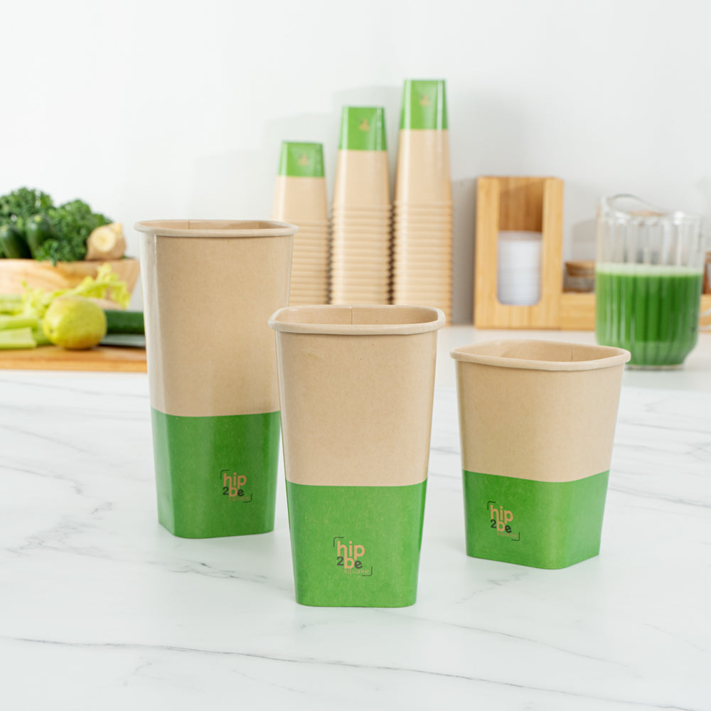 Hip 2 Be Square 16 oz Kraft and Green Paper Hot / Cold Drinking Cup - Single Wall - 3 1/4" x 3 1/4" x 5 1/2" - 500 count box