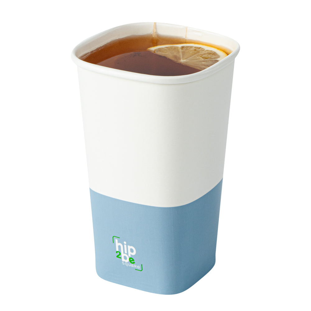 Hip 2 Be Square 16 oz White and Blue Paper Hot / Cold Drinking Cup - Single Wall - 3 1/4" x 3 1/4" x 5 1/2" - 25 count box