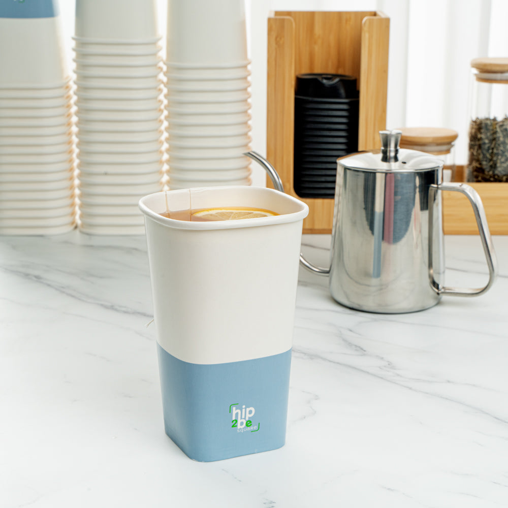 Hip 2 Be Square 16 oz White and Blue Paper Hot / Cold Drinking Cup - Single Wall - 3 1/4" x 3 1/4" x 5 1/2" - 25 count box
