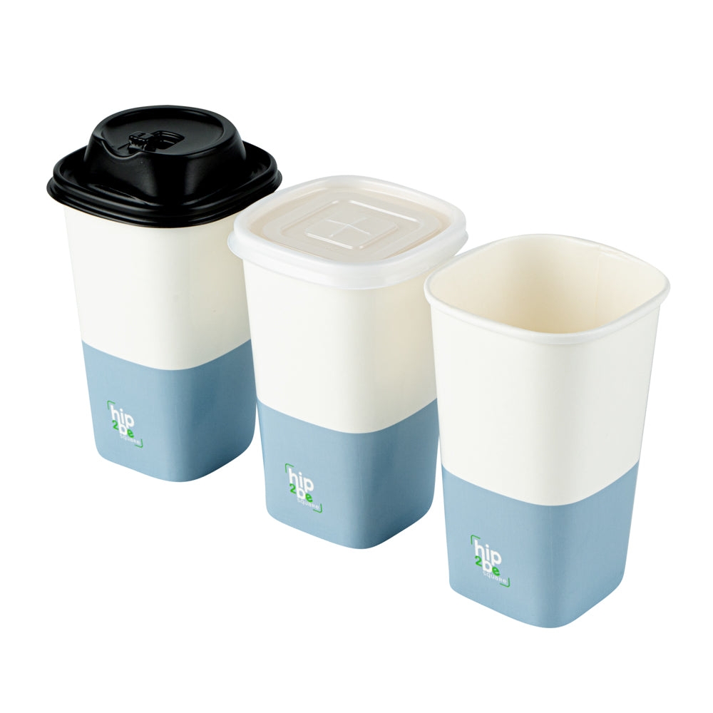 Hip 2 Be Square 16 oz White and Blue Paper Hot / Cold Drinking Cup - Single Wall - 3 1/4" x 3 1/4" x 5 1/2" - 25 count box