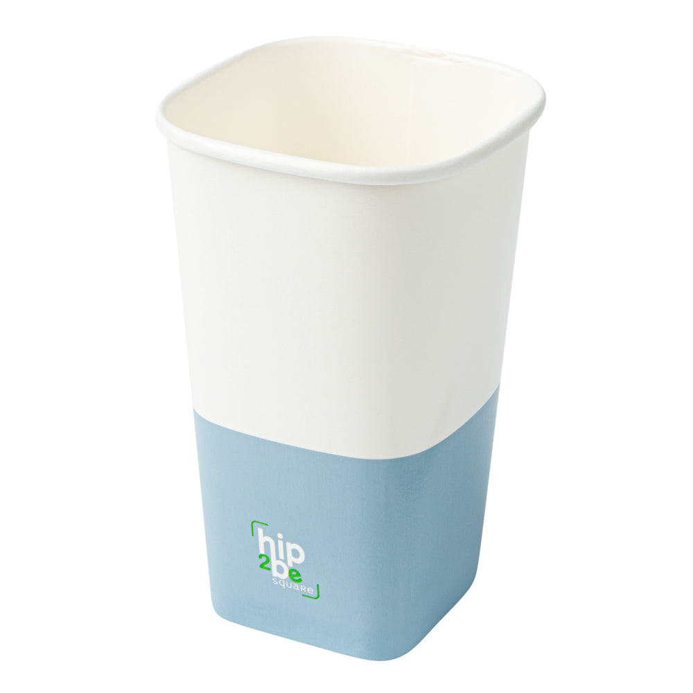 Hip 2 Be Square 16 oz White and Blue Paper Hot / Cold Drinking Cup - Single Wall - 3 1/4" x 3 1/4" x 5 1/2" - 25 count box