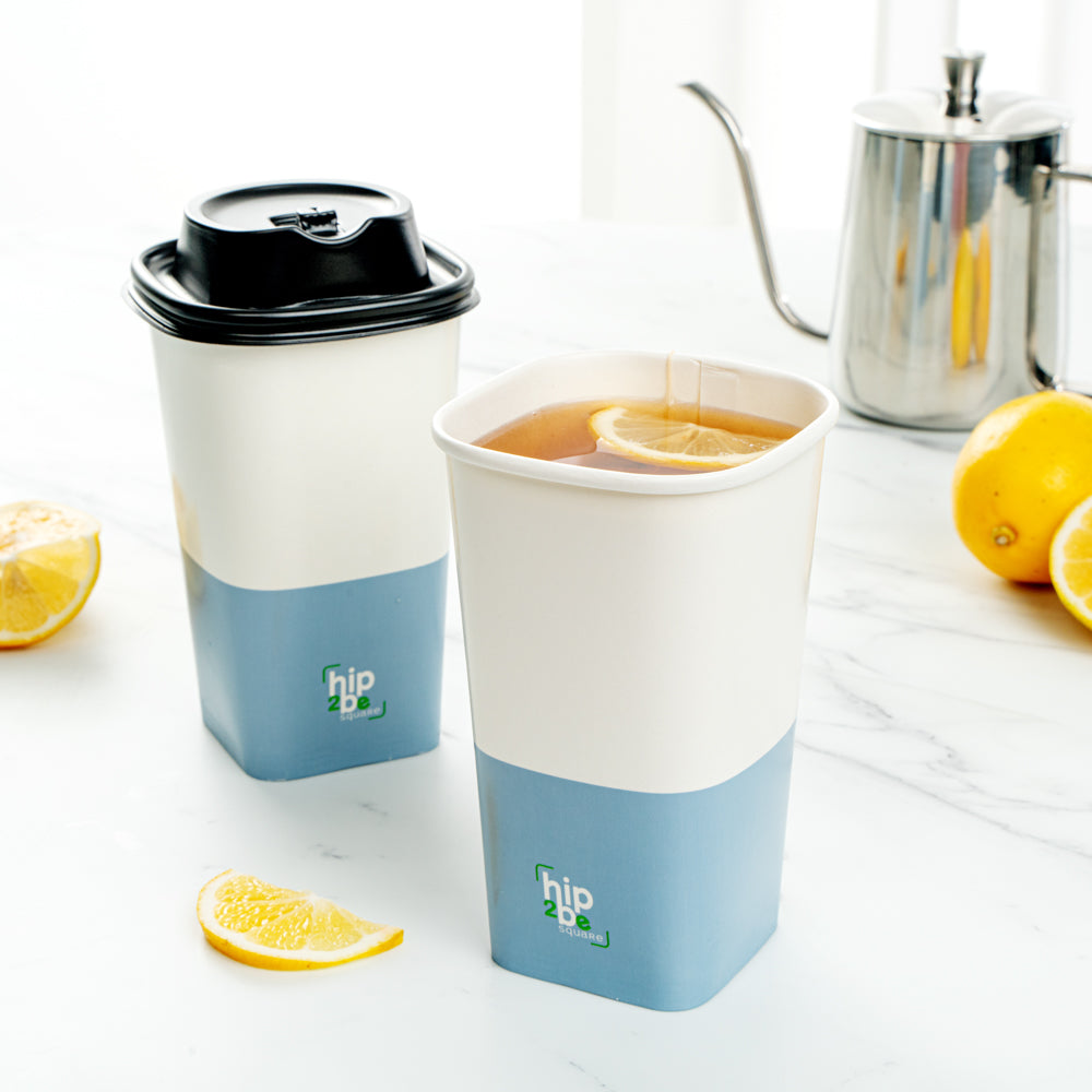 Hip 2 Be Square 16 oz White and Blue Paper Hot / Cold Drinking Cup - Single Wall - 3 1/4" x 3 1/4" x 5 1/2" - 25 count box