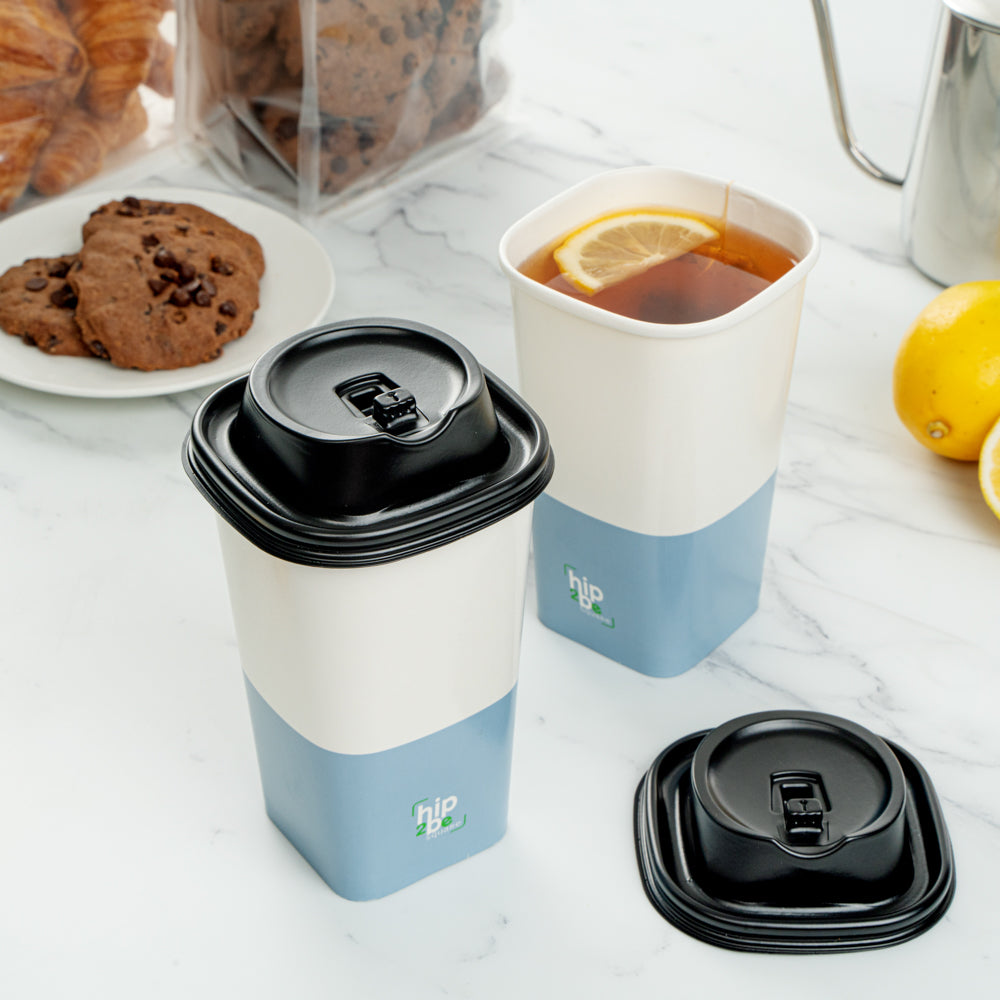 Hip 2 Be Square 16 oz White and Blue Paper Hot / Cold Drinking Cup - Single Wall - 3 1/4" x 3 1/4" x 5 1/2" - 25 count box