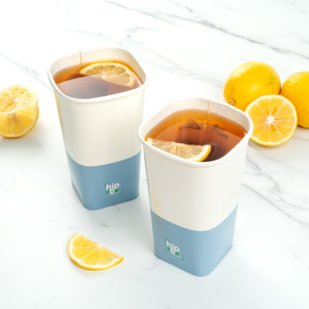 Hip 2 Be Square 16 oz White and Blue Paper Hot / Cold Drinking Cup - Single Wall - 3 1/4" x 3 1/4" x 5 1/2" - 25 count box