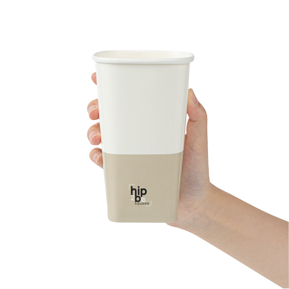 Hip 2 Be Square 16 oz White and Taupe Paper Hot / Cold Drinking Cup - Single Wall - 3 1/4" x 3 1/4" x 5 1/2" - 25 count box