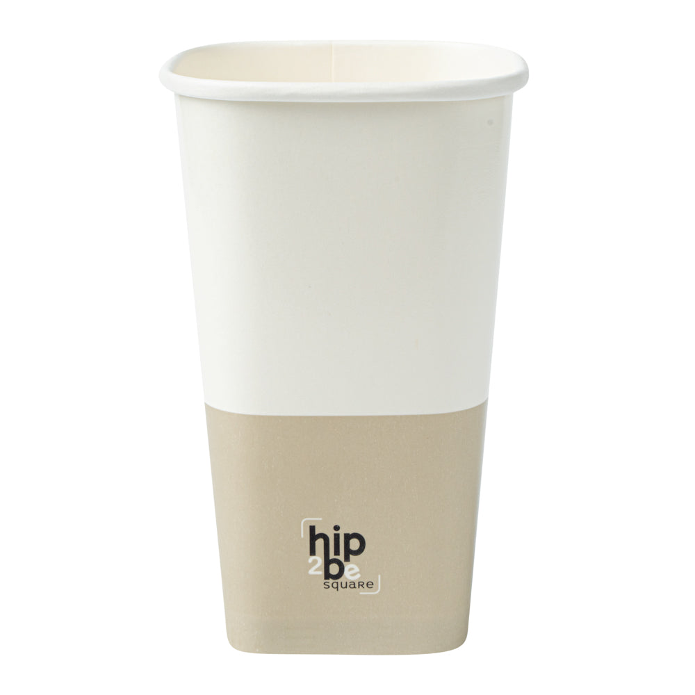 Hip 2 Be Square 16 oz White and Taupe Paper Hot / Cold Drinking Cup - Single Wall - 3 1/4" x 3 1/4" x 5 1/2" - 25 count box