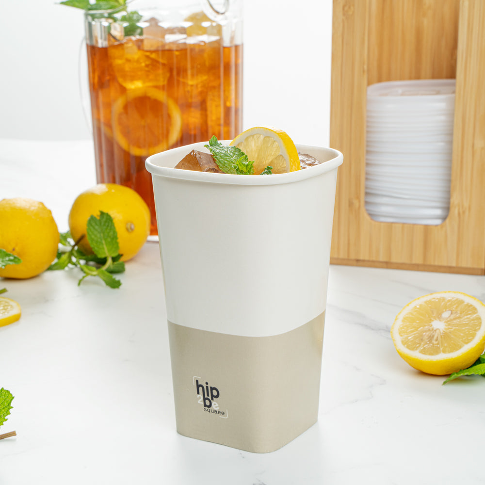 Hip 2 Be Square 16 oz White and Taupe Paper Hot / Cold Drinking Cup - Single Wall - 3 1/4" x 3 1/4" x 5 1/2" - 500 count box