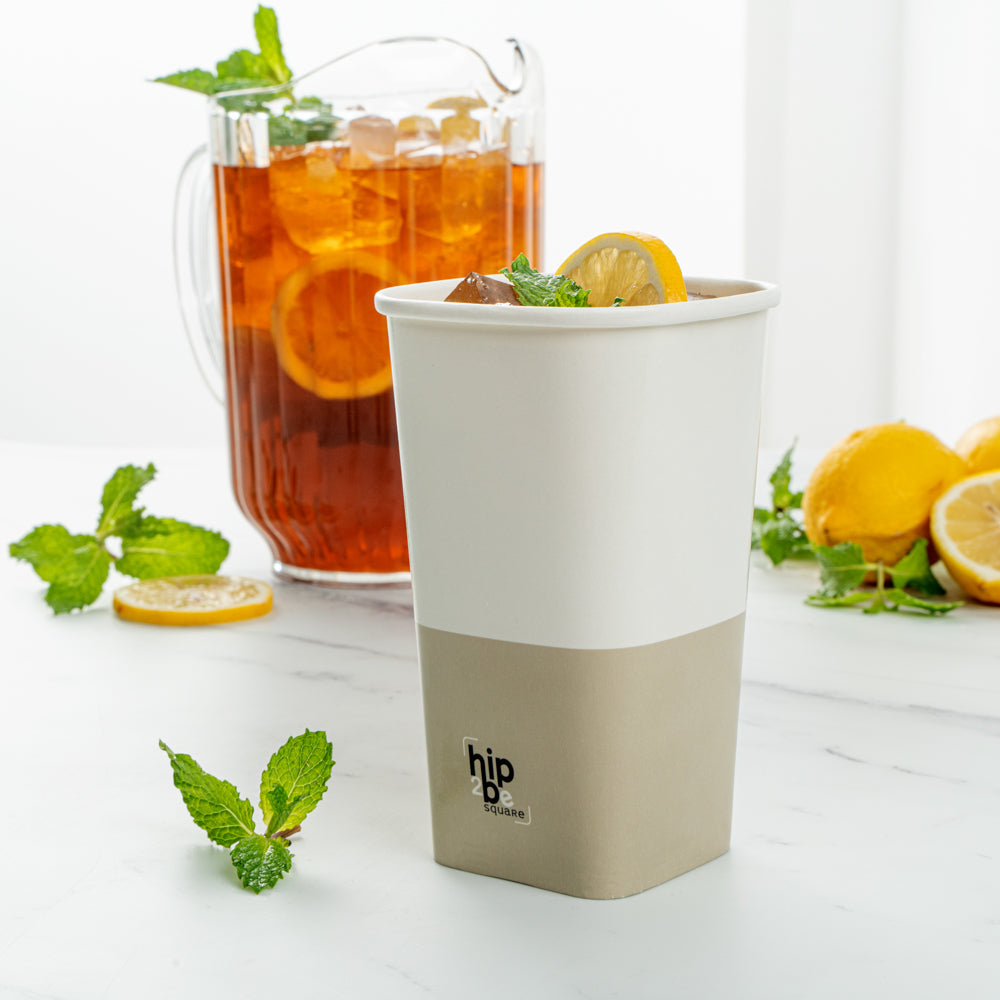 Hip 2 Be Square 16 oz White and Taupe Paper Hot / Cold Drinking Cup - Single Wall - 3 1/4" x 3 1/4" x 5 1/2" - 500 count box