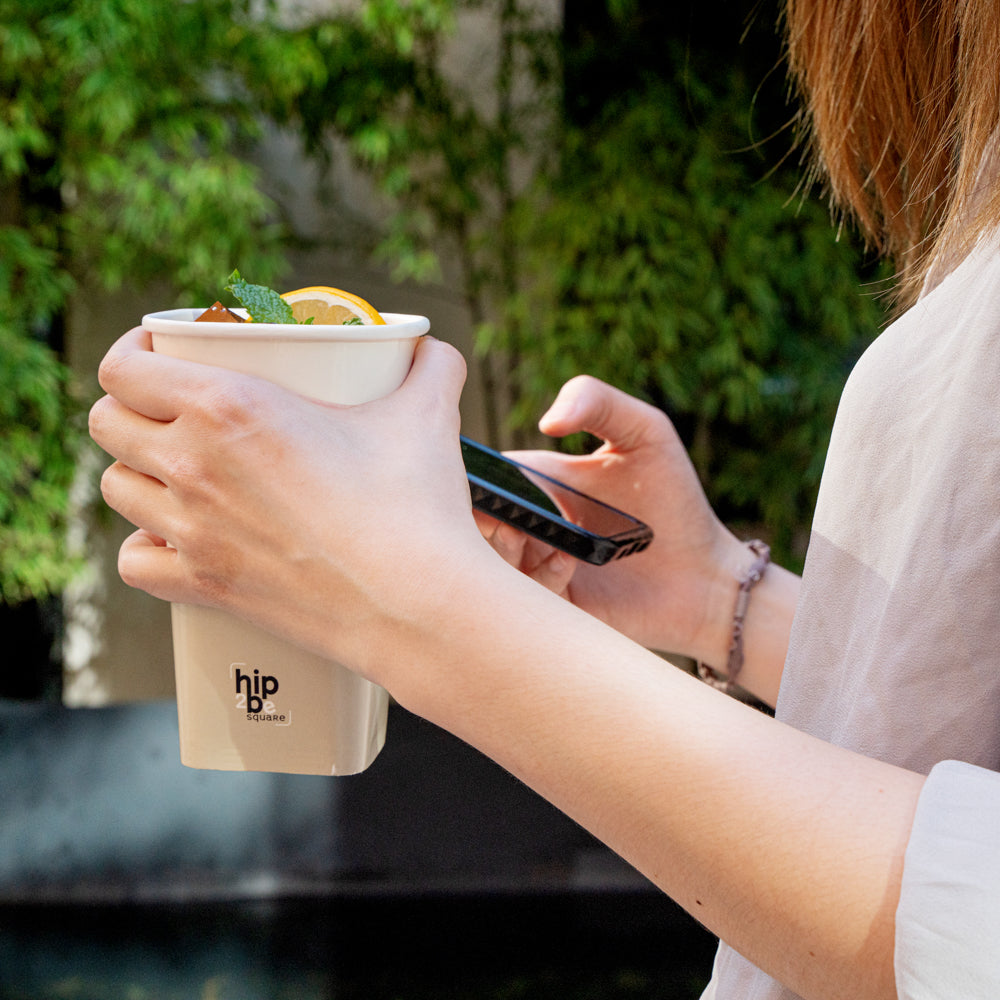 Hip 2 Be Square 16 oz White and Taupe Paper Hot / Cold Drinking Cup - Single Wall - 3 1/4" x 3 1/4" x 5 1/2" - 500 count box