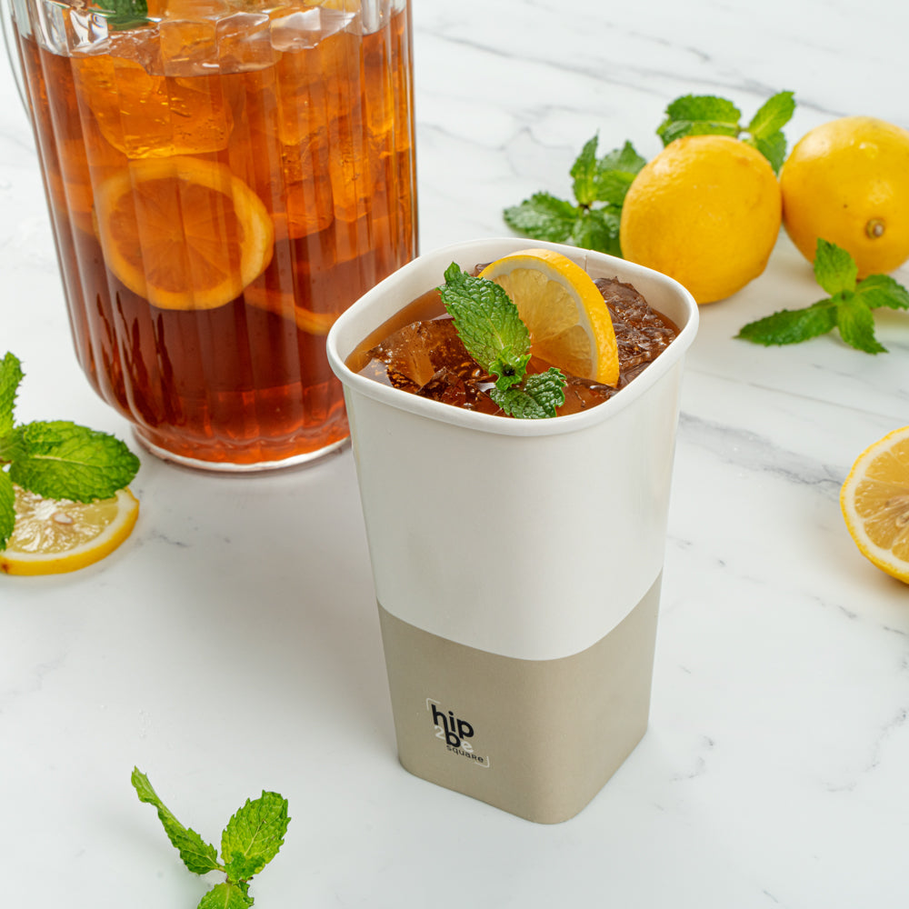 Hip 2 Be Square 16 oz White and Taupe Paper Hot / Cold Drinking Cup - Single Wall - 3 1/4" x 3 1/4" x 5 1/2" - 500 count box