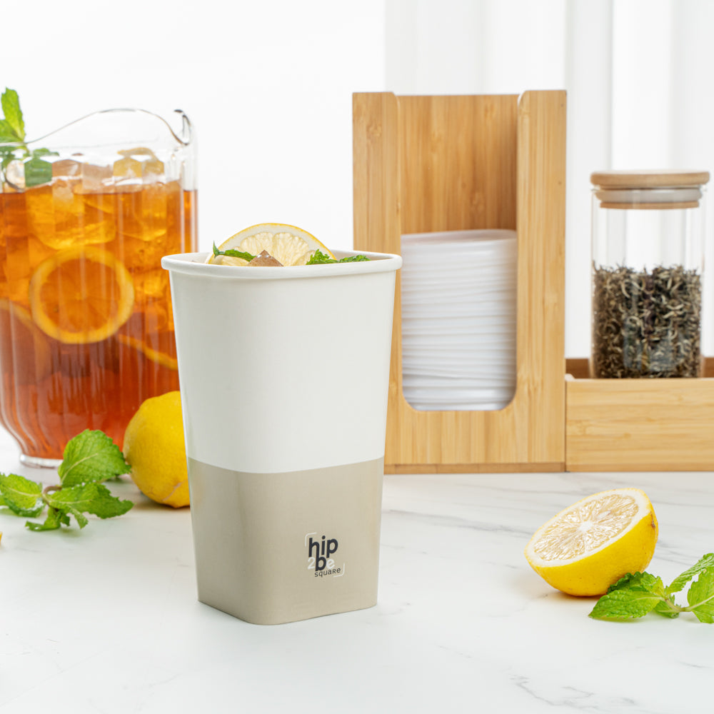 Hip 2 Be Square 16 oz White and Taupe Paper Hot / Cold Drinking Cup - Single Wall - 3 1/4" x 3 1/4" x 5 1/2" - 500 count box
