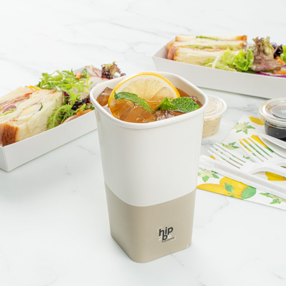 Hip 2 Be Square 16 oz White and Taupe Paper Hot / Cold Drinking Cup - Single Wall - 3 1/4" x 3 1/4" x 5 1/2" - 500 count box
