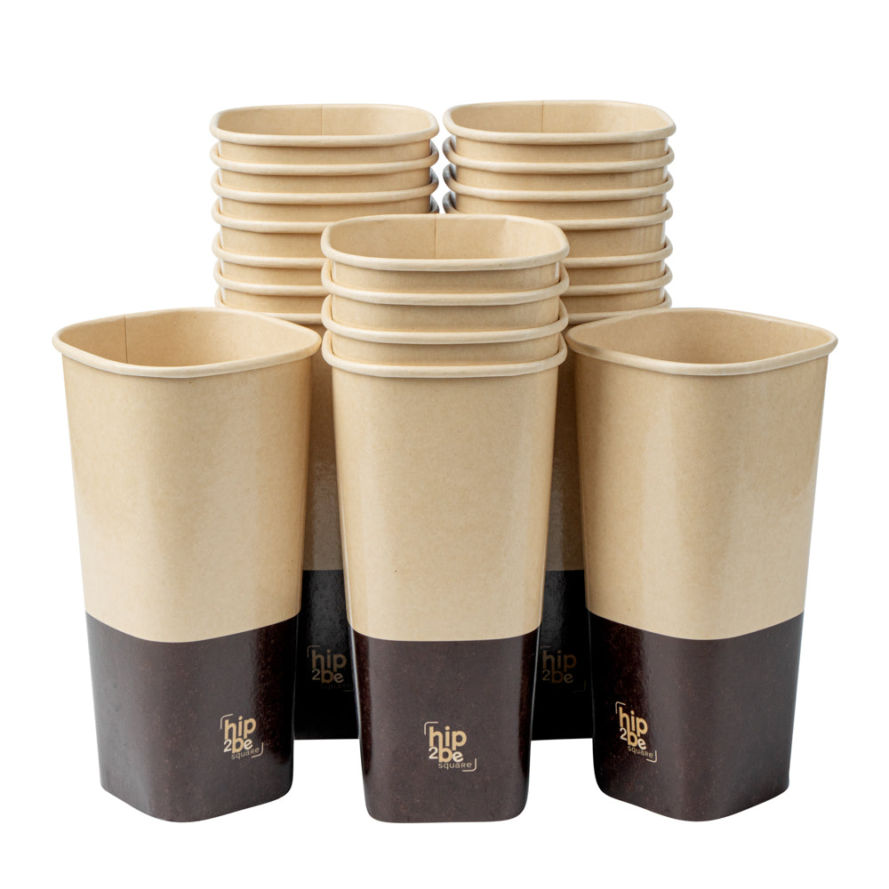 Hip 2 Be Square 22 oz Kraft and Brown Paper Hot / Cold Drinking Cup - Single Wall - 3 1/4" x 3 1/4" x 6 3/4" - 25 count box