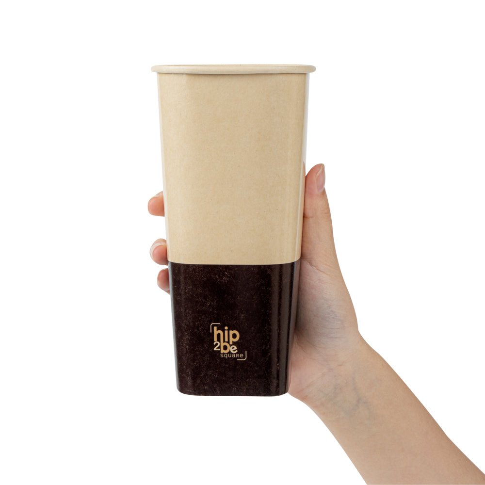 Hip 2 Be Square 22 oz Kraft and Brown Paper Hot / Cold Drinking Cup - Single Wall - 3 1/4" x 3 1/4" x 6 3/4" - 25 count box