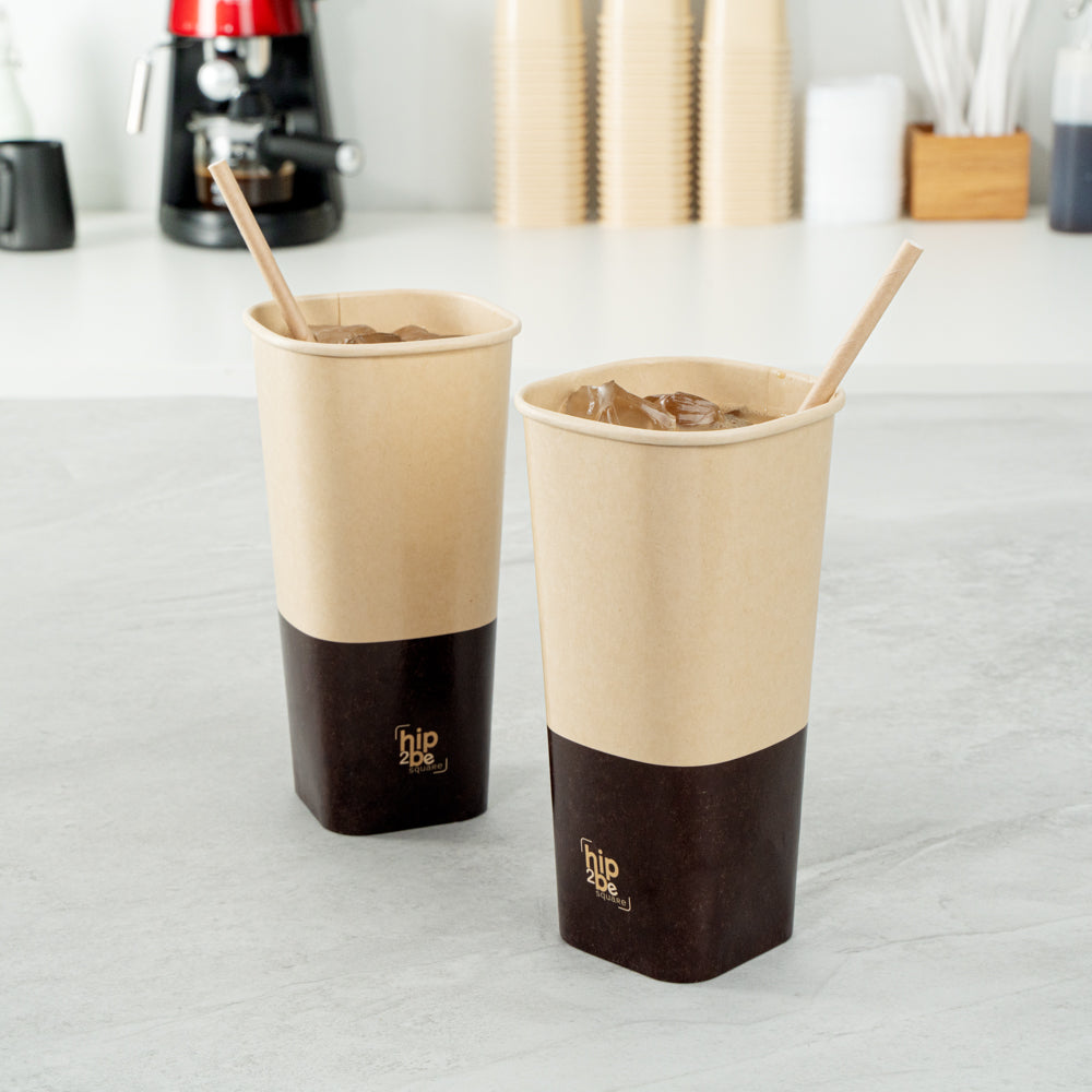 Hip 2 Be Square 22 oz Kraft and Brown Paper Hot / Cold Drinking Cup - Single Wall - 3 1/4" x 3 1/4" x 6 3/4" - 25 count box