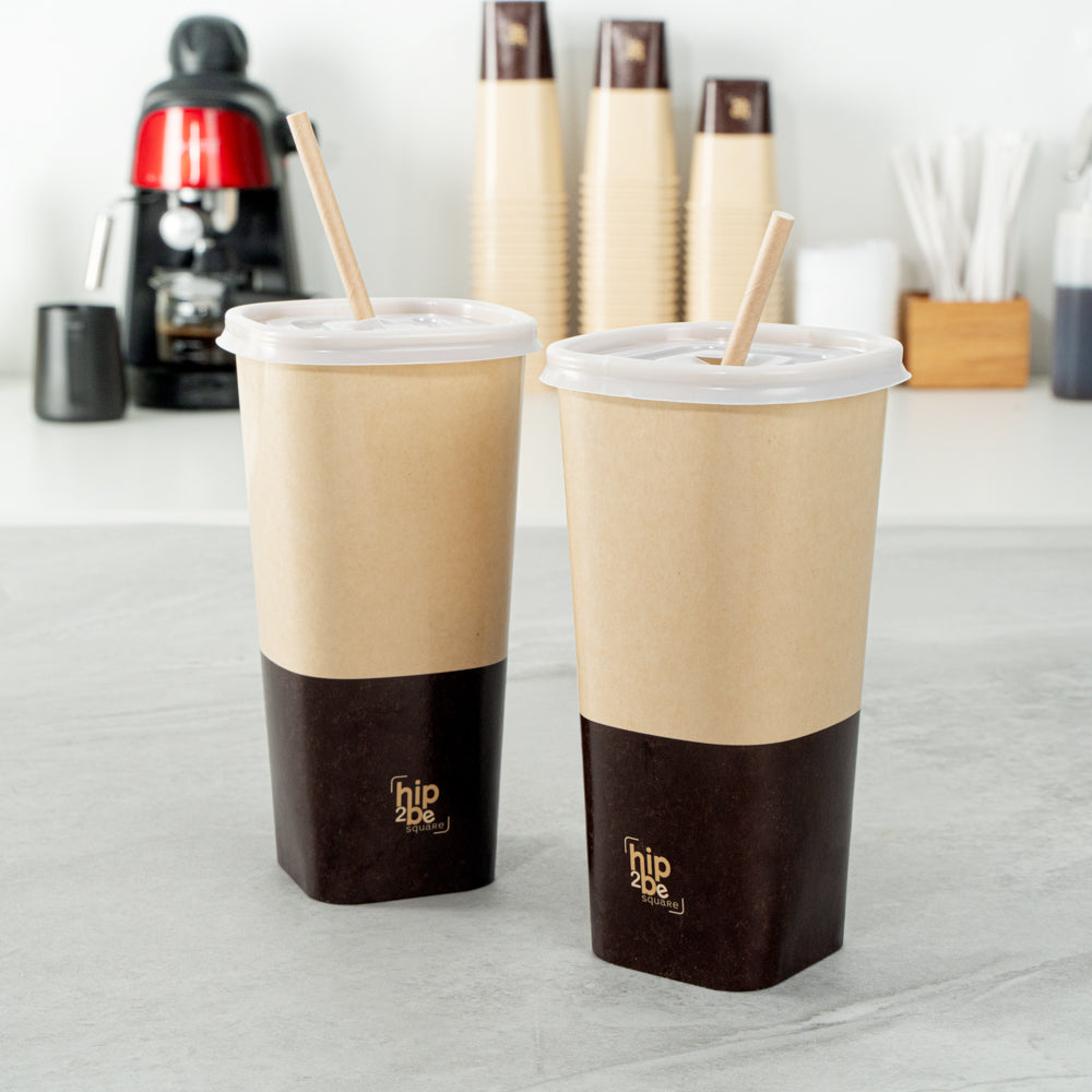 Hip 2 Be Square 22 oz Kraft and Brown Paper Hot / Cold Drinking Cup - Single Wall - 3 1/4" x 3 1/4" x 6 3/4" - 25 count box