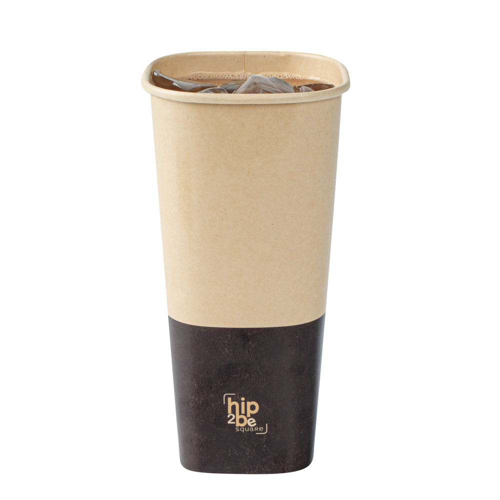 Hip 2 Be Square 22 oz Kraft and Brown Paper Hot / Cold Drinking Cup - Single Wall - 3 1/4" x 3 1/4" x 6 3/4" - 500 count box