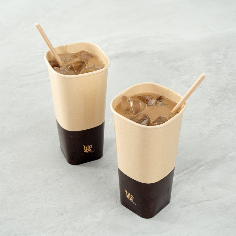Hip 2 Be Square 22 oz Kraft and Brown Paper Hot / Cold Drinking Cup - Single Wall - 3 1/4" x 3 1/4" x 6 3/4" - 500 count box