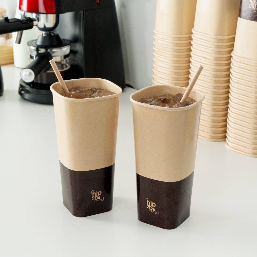 Hip 2 Be Square 22 oz Kraft and Brown Paper Hot / Cold Drinking Cup - Single Wall - 3 1/4" x 3 1/4" x 6 3/4" - 500 count box