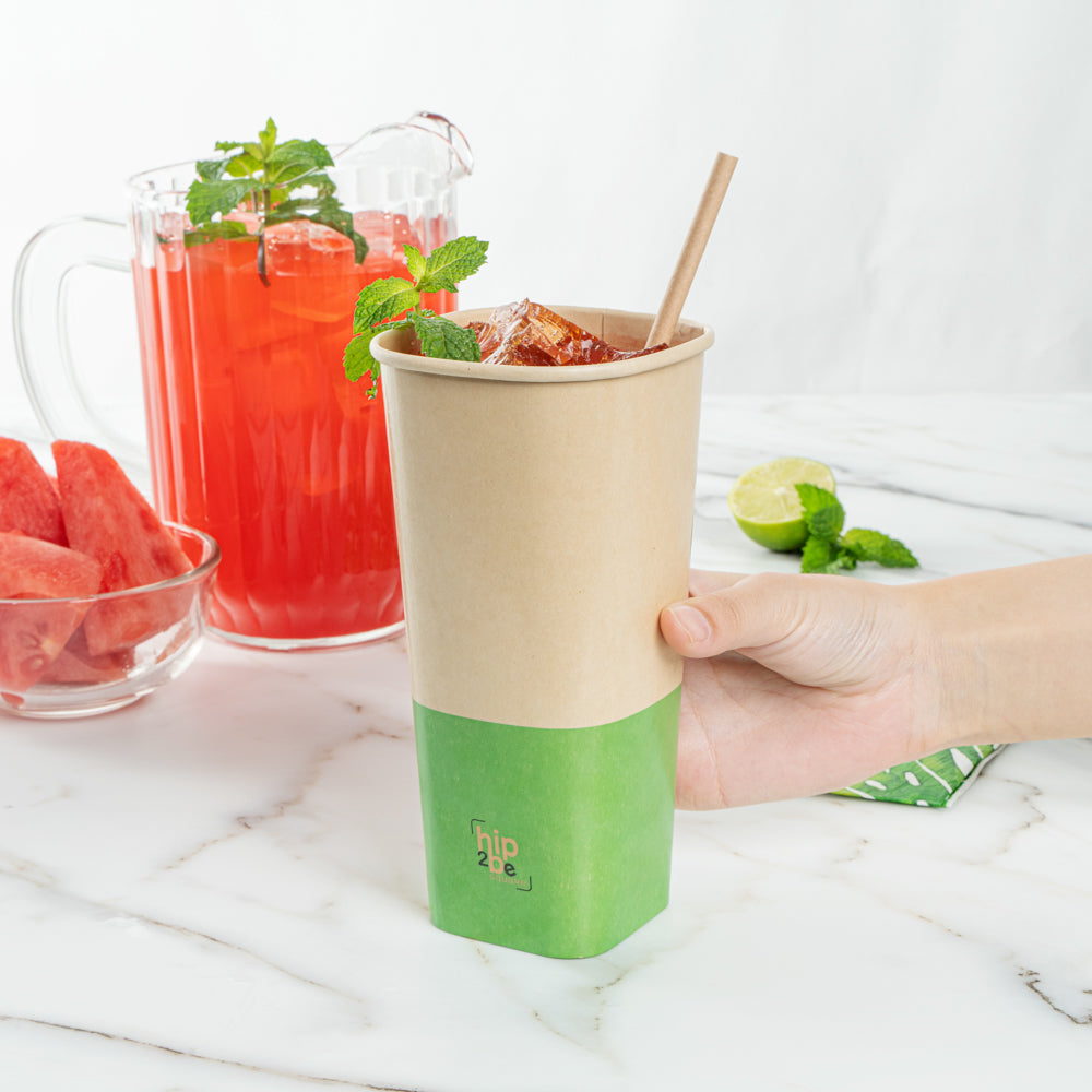 Hip 2 Be Square 22 oz Kraft and Green Paper Hot / Cold Drinking Cup - Single Wall - 3 1/4" x 3 1/4" x 6 3/4" - 25 count box