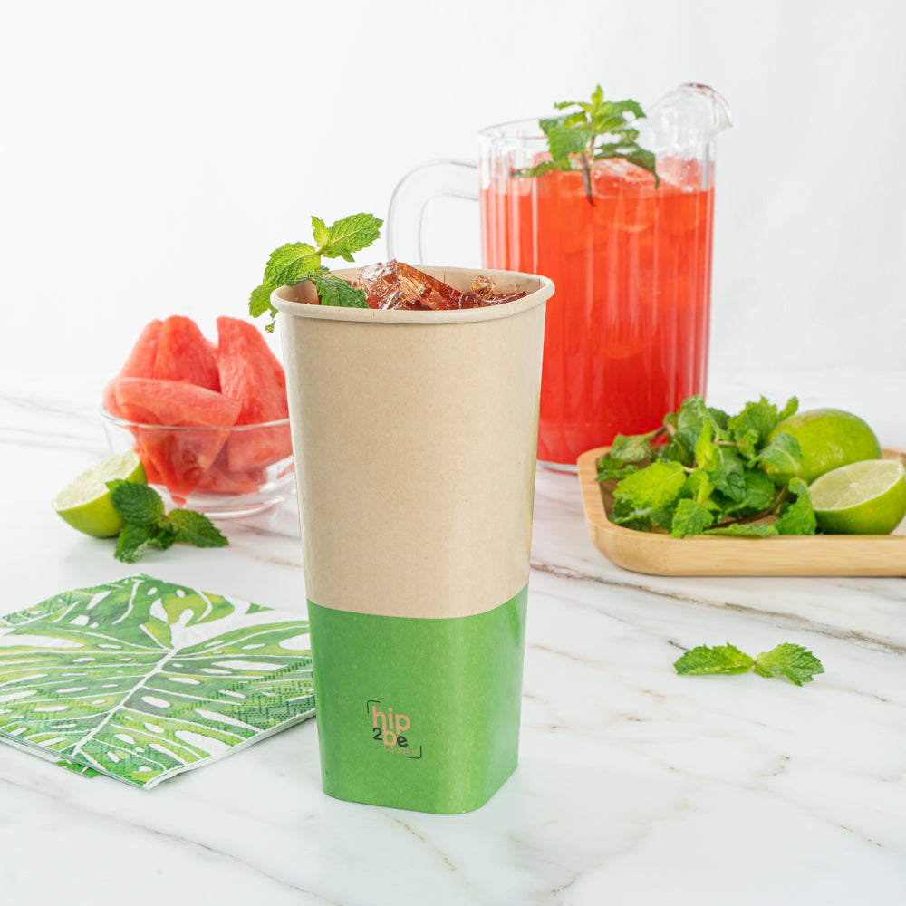 Hip 2 Be Square 22 oz Kraft and Green Paper Hot / Cold Drinking Cup - Single Wall - 3 1/4" x 3 1/4" x 6 3/4" - 25 count box