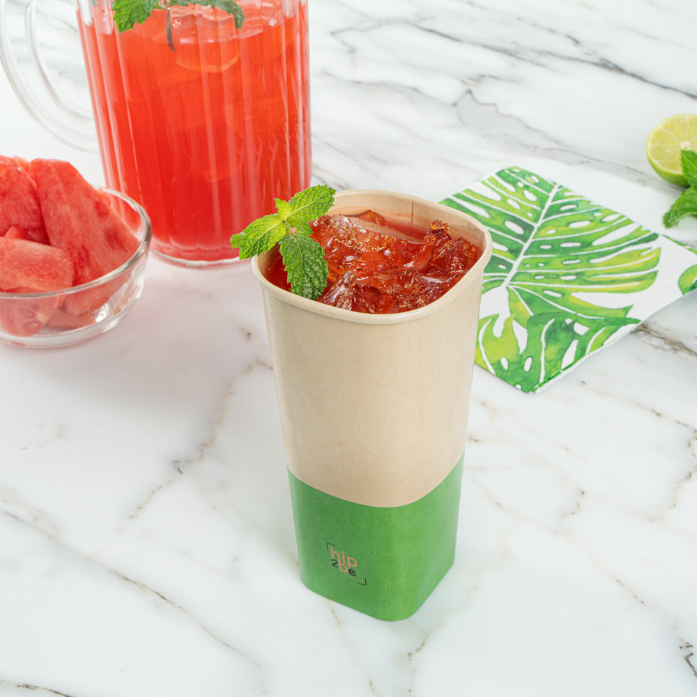 Hip 2 Be Square 22 oz Kraft and Green Paper Hot / Cold Drinking Cup - Single Wall - 3 1/4" x 3 1/4" x 6 3/4" - 25 count box