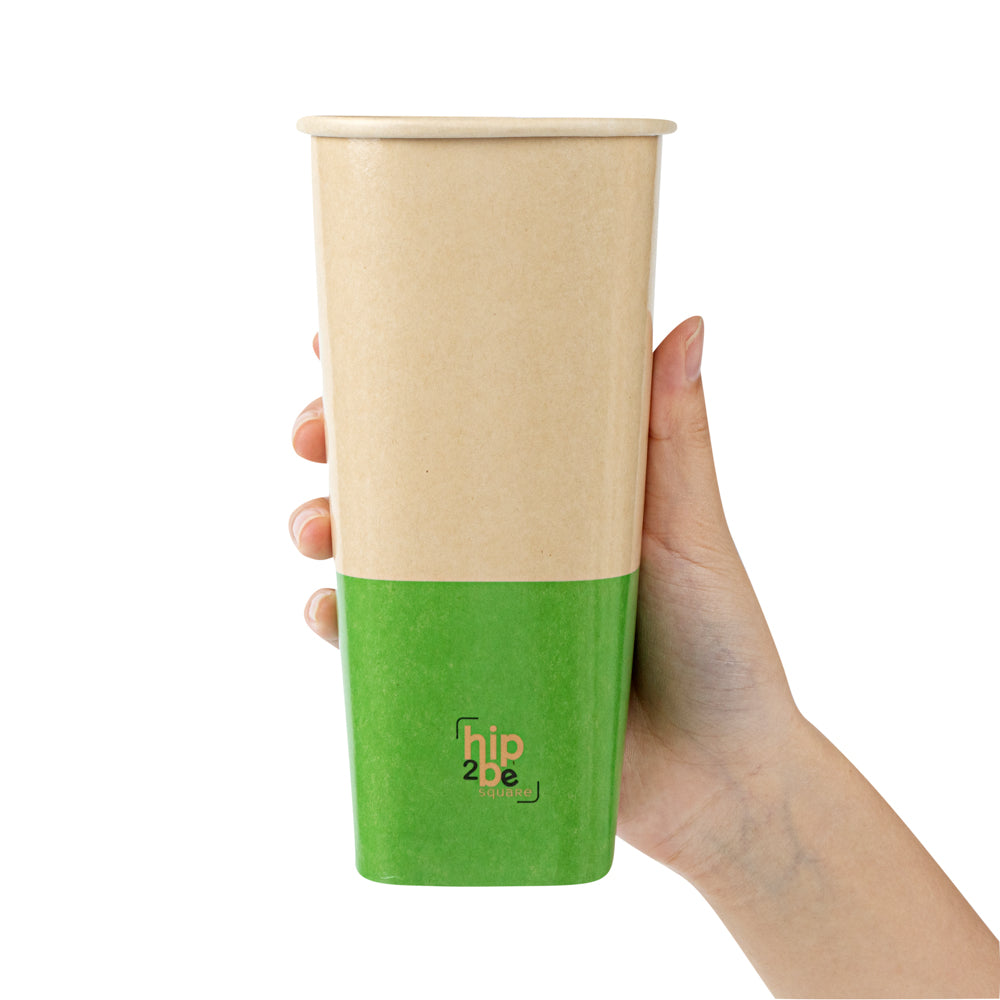 Hip 2 Be Square 22 oz Kraft and Green Paper Hot / Cold Drinking Cup - Single Wall - 3 1/4" x 3 1/4" x 6 3/4" - 500 count box