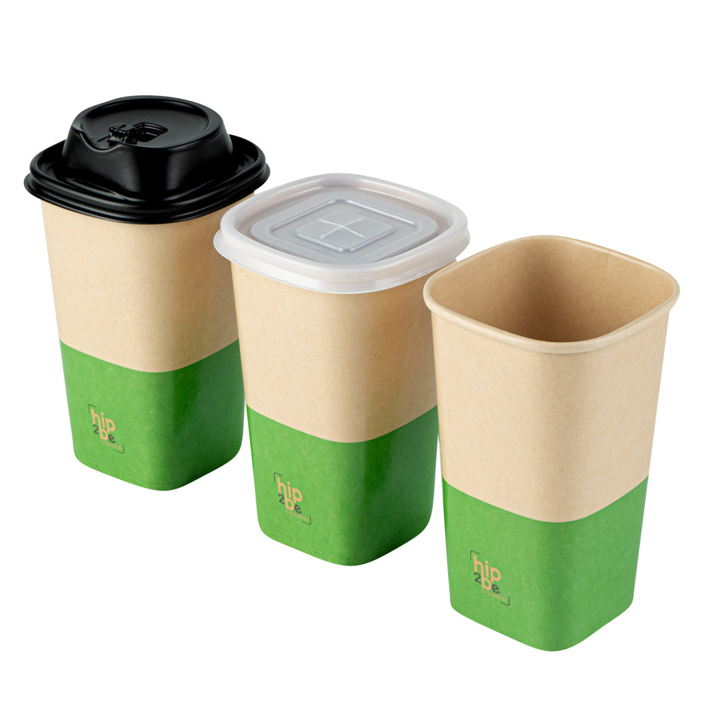 Hip 2 Be Square 22 oz Kraft and Green Paper Hot / Cold Drinking Cup - Single Wall - 3 1/4" x 3 1/4" x 6 3/4" - 500 count box