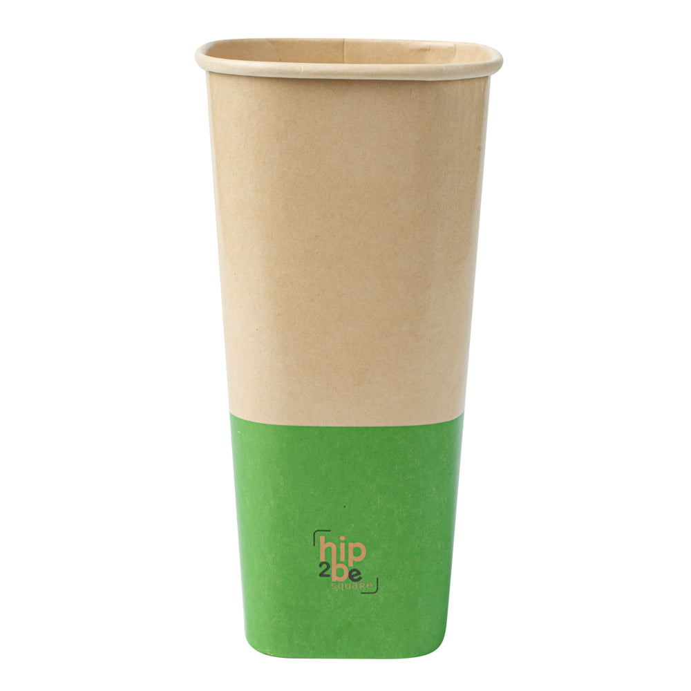 Hip 2 Be Square 22 oz Kraft and Green Paper Hot / Cold Drinking Cup - Single Wall - 3 1/4" x 3 1/4" x 6 3/4" - 500 count box