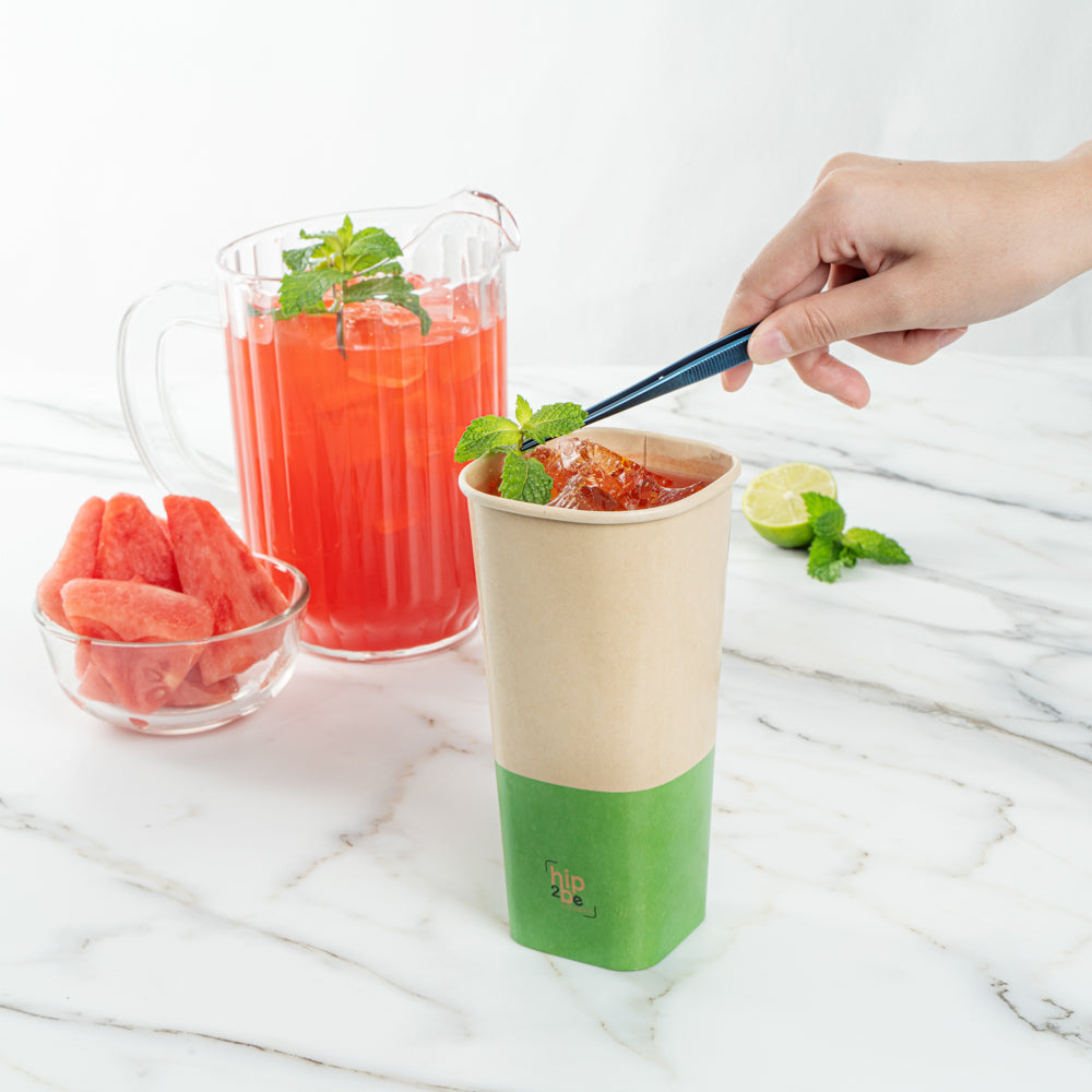 Hip 2 Be Square 22 oz Kraft and Green Paper Hot / Cold Drinking Cup - Single Wall - 3 1/4" x 3 1/4" x 6 3/4" - 500 count box