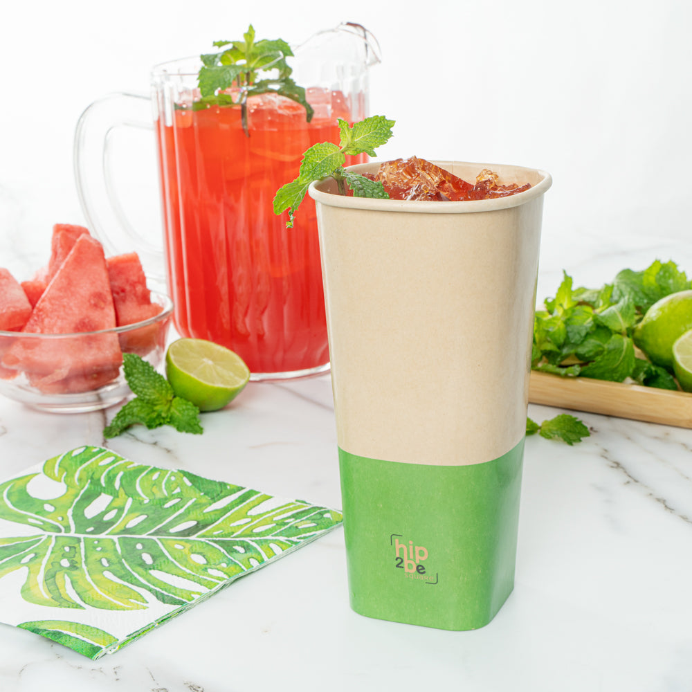 Hip 2 Be Square 22 oz Kraft and Green Paper Hot / Cold Drinking Cup - Single Wall - 3 1/4" x 3 1/4" x 6 3/4" - 500 count box