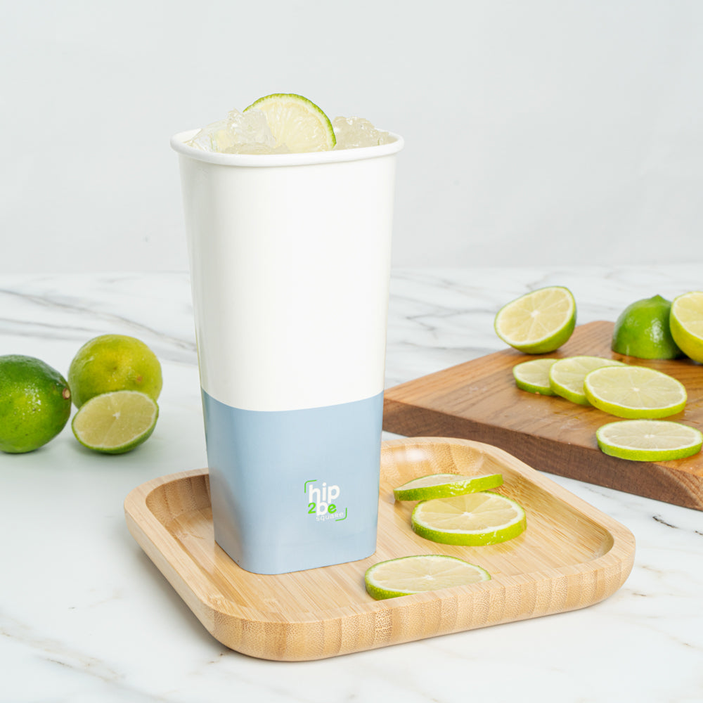 Hip 2 Be Square 22 oz White and Blue Paper Hot / Cold Drinking Cup - Single Wall - 3 1/4" x 3 1/4" x 6 3/4" - 25 count box