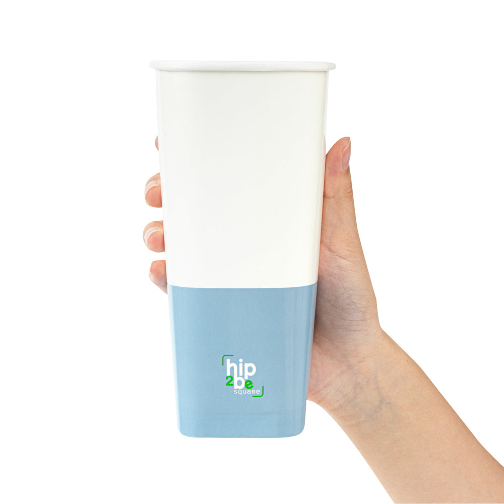 Hip 2 Be Square 22 oz White and Blue Paper Hot / Cold Drinking Cup - Single Wall - 3 1/4" x 3 1/4" x 6 3/4" - 25 count box