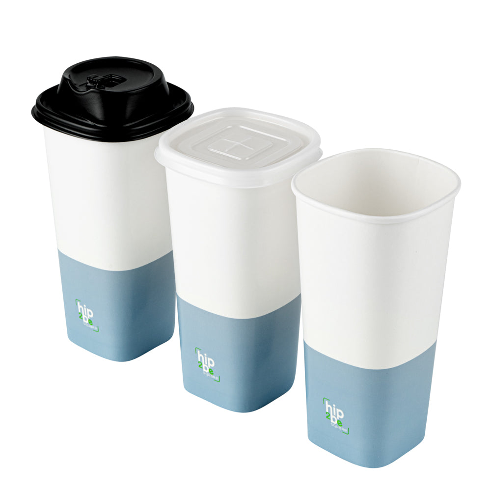Hip 2 Be Square 22 oz White and Blue Paper Hot / Cold Drinking Cup - Single Wall - 3 1/4" x 3 1/4" x 6 3/4" - 25 count box