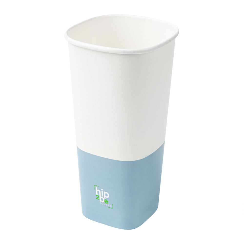 Hip 2 Be Square 22 oz White and Blue Paper Hot / Cold Drinking Cup - Single Wall - 3 1/4" x 3 1/4" x 6 3/4" - 25 count box
