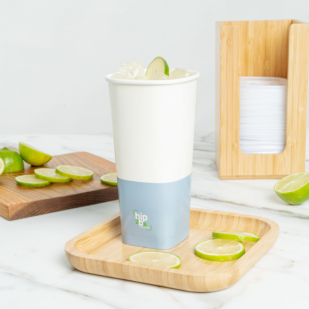 Hip 2 Be Square 22 oz White and Blue Paper Hot / Cold Drinking Cup - Single Wall - 3 1/4" x 3 1/4" x 6 3/4" - 500 count box