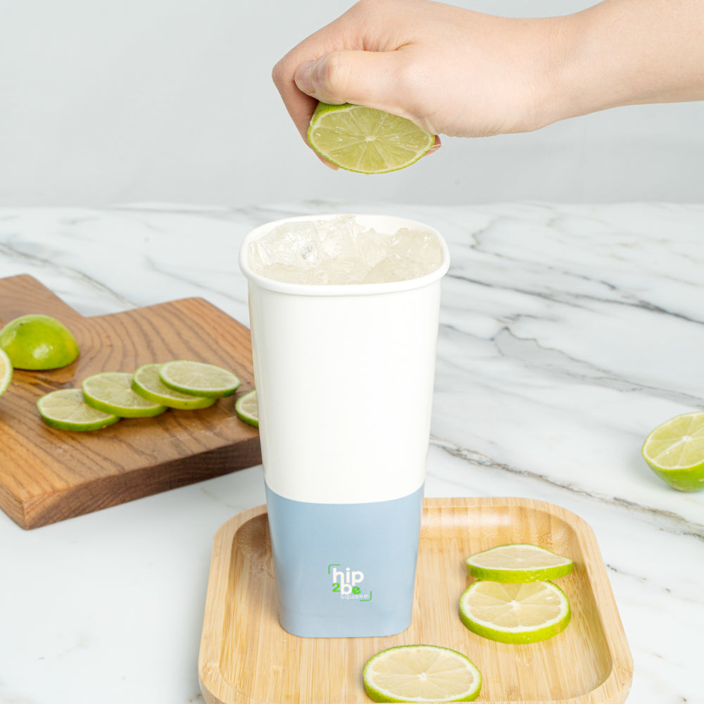 Hip 2 Be Square 22 oz White and Blue Paper Hot / Cold Drinking Cup - Single Wall - 3 1/4" x 3 1/4" x 6 3/4" - 500 count box