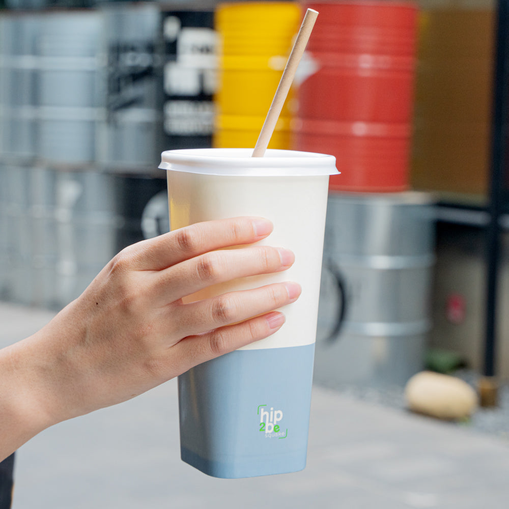 Hip 2 Be Square 22 oz White and Blue Paper Hot / Cold Drinking Cup - Single Wall - 3 1/4" x 3 1/4" x 6 3/4" - 500 count box