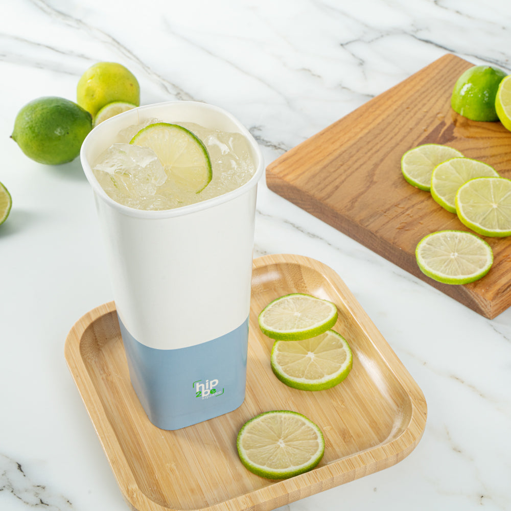 Hip 2 Be Square 22 oz White and Blue Paper Hot / Cold Drinking Cup - Single Wall - 3 1/4" x 3 1/4" x 6 3/4" - 500 count box