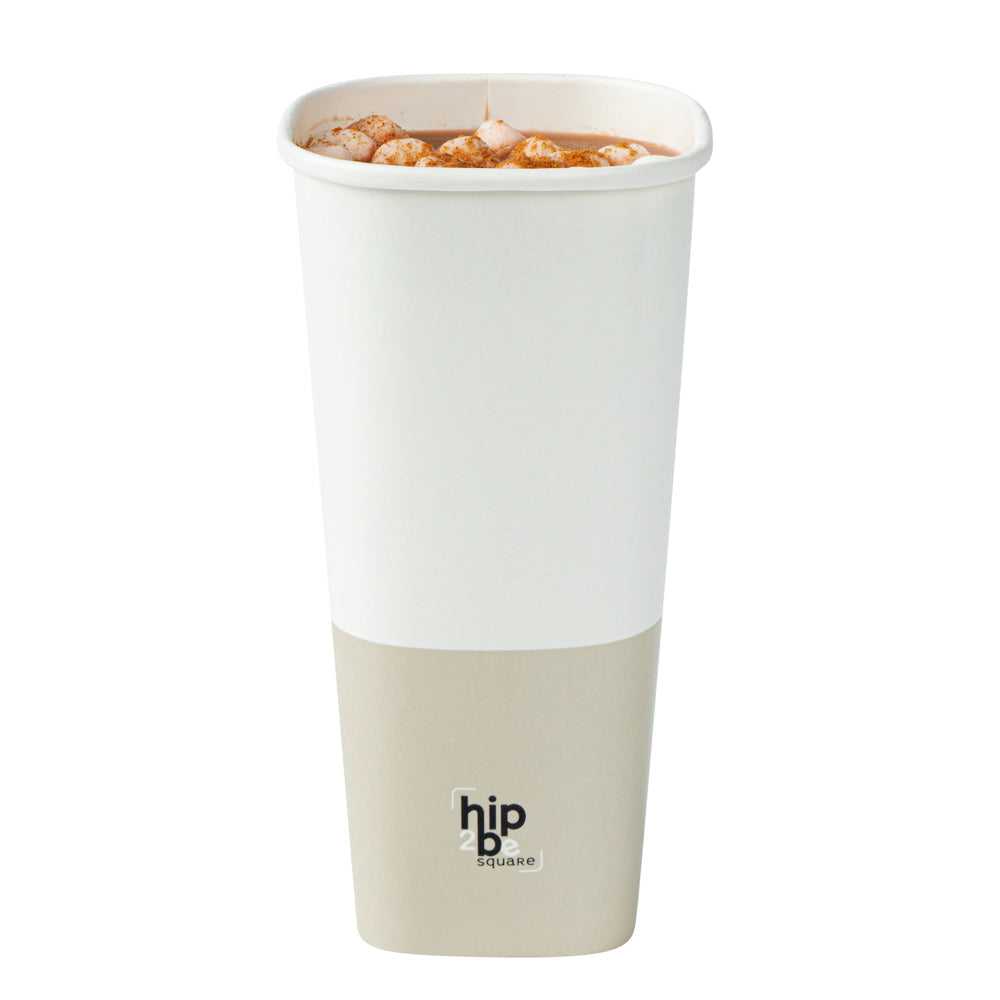 Hip 2 Be Square 22 oz White and Taupe Paper Hot / Cold Drinking Cup - Single Wall - 3 1/4" x 3 1/4" x 6 3/4" - 25 count box