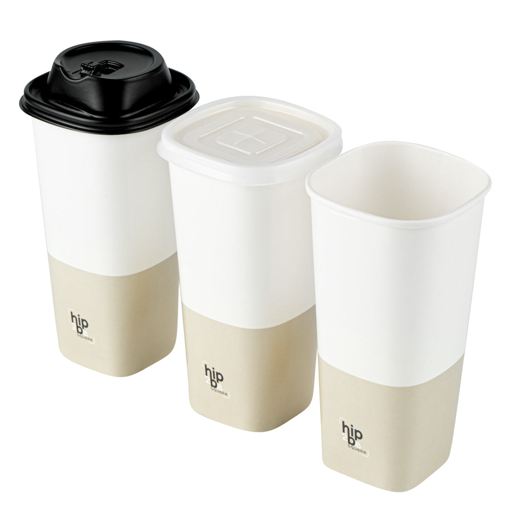 Hip 2 Be Square 22 oz White and Taupe Paper Hot / Cold Drinking Cup - Single Wall - 3 1/4" x 3 1/4" x 6 3/4" - 25 count box