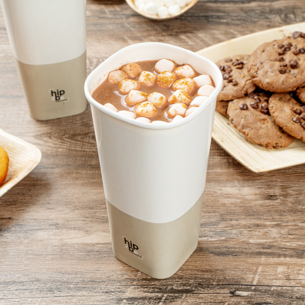 Hip 2 Be Square 22 oz White and Taupe Paper Hot / Cold Drinking Cup - Single Wall - 3 1/4" x 3 1/4" x 6 3/4" - 25 count box