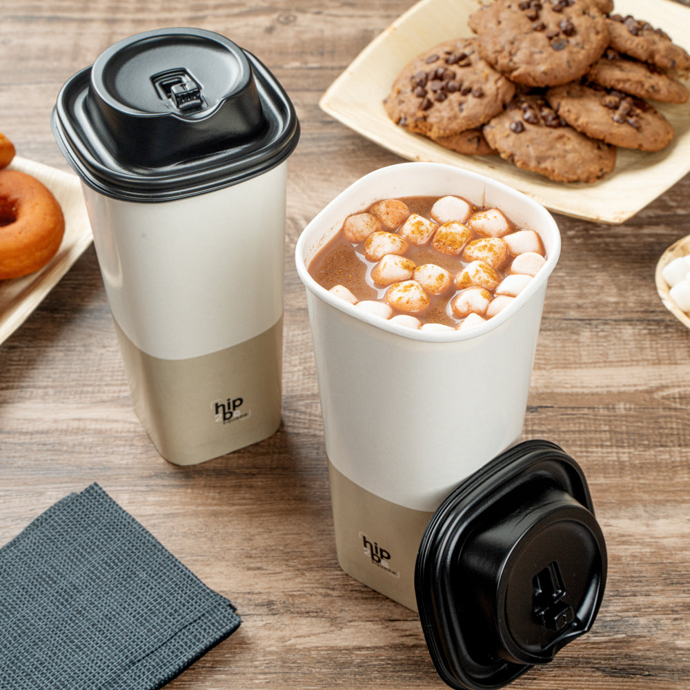 Hip 2 Be Square 22 oz White and Taupe Paper Hot / Cold Drinking Cup - Single Wall - 3 1/4" x 3 1/4" x 6 3/4" - 25 count box