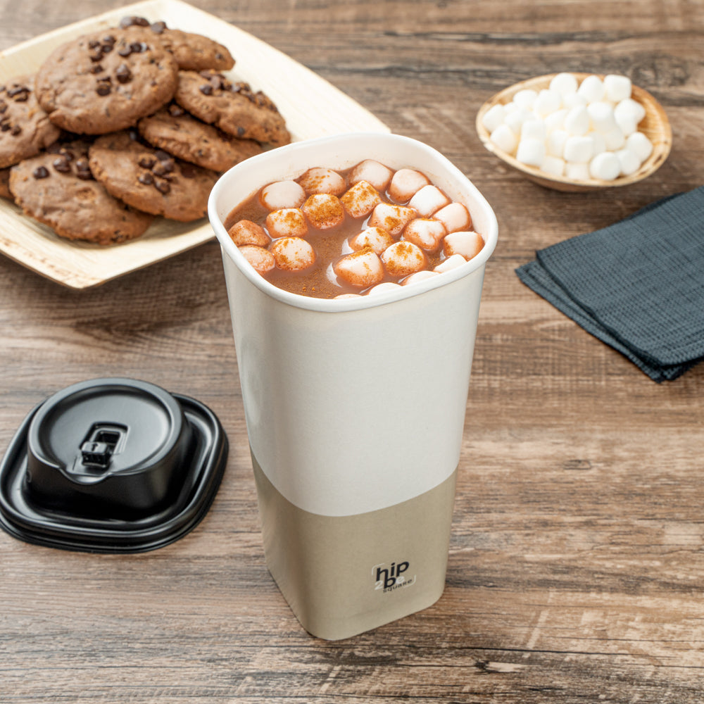 Hip 2 Be Square 22 oz White and Taupe Paper Hot / Cold Drinking Cup - Single Wall - 3 1/4" x 3 1/4" x 6 3/4" - 25 count box