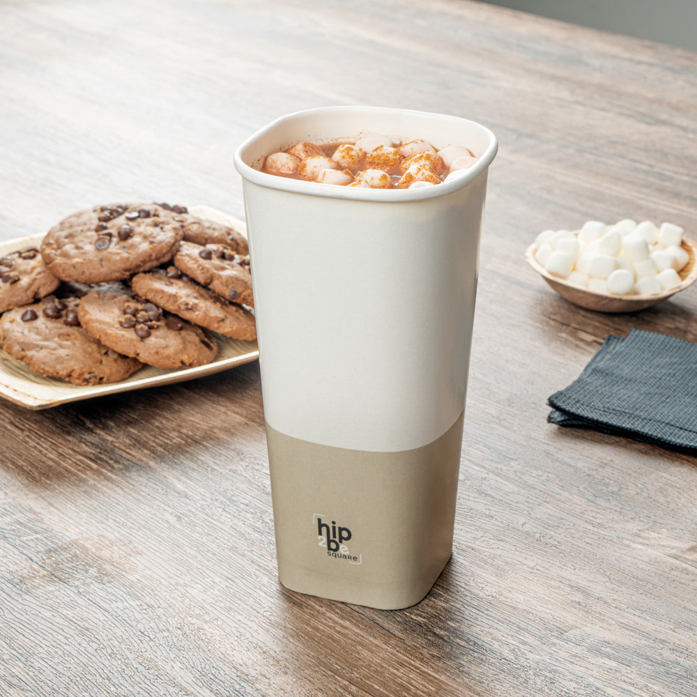 Hip 2 Be Square 22 oz White and Taupe Paper Hot / Cold Drinking Cup - Single Wall - 3 1/4" x 3 1/4" x 6 3/4" - 500 count box