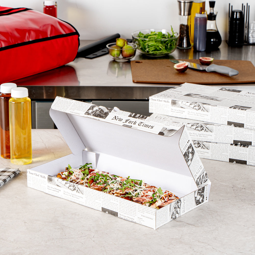 Eco Pie Newsprint and White Paper Corrugated Flatbread Box - 14" x 7" x 1 1/2" - 50 count box